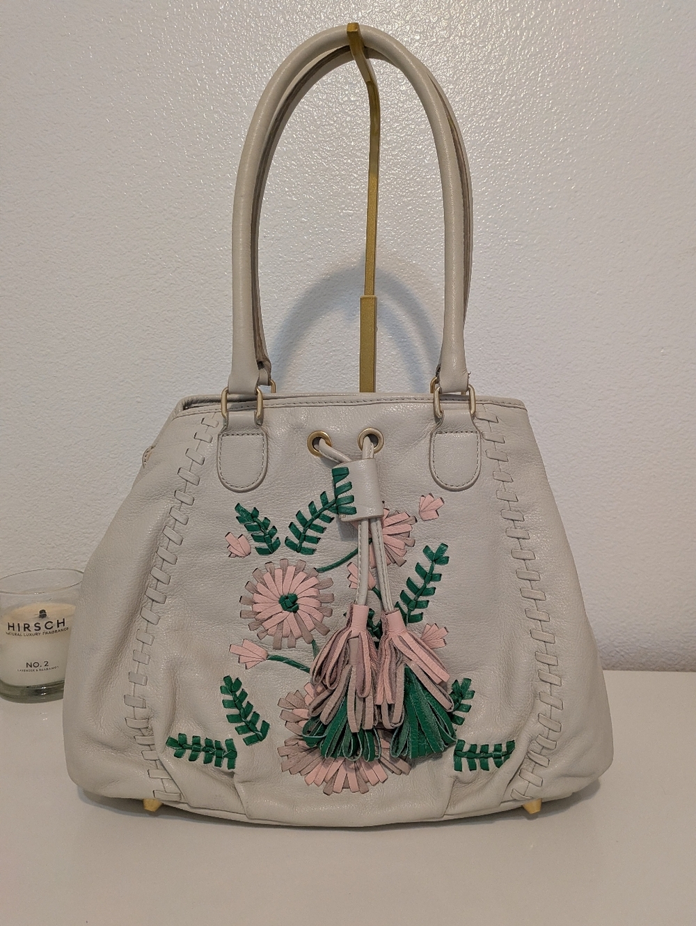Isabella Fiore Ivory Leather Floral Embelissged Large Shoulder Bag